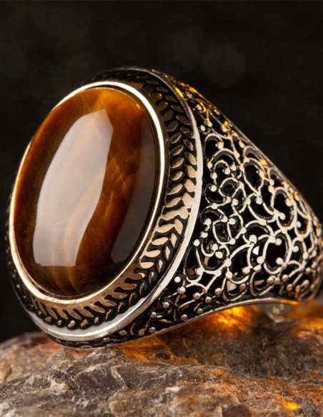 Oval Kahverengi Kaplangözü Taşlı Simetrik Desen Gümüş Erkek Yüzük