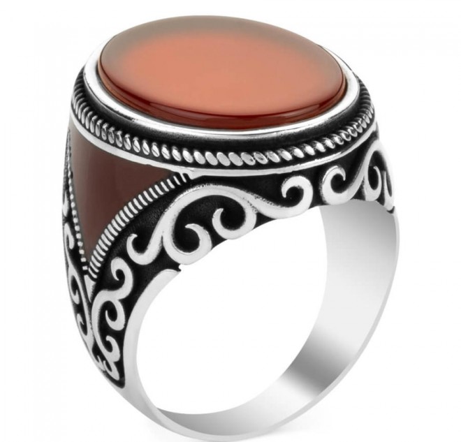 Oval Model Bordo Akik Taşlı Erkek Yüzük