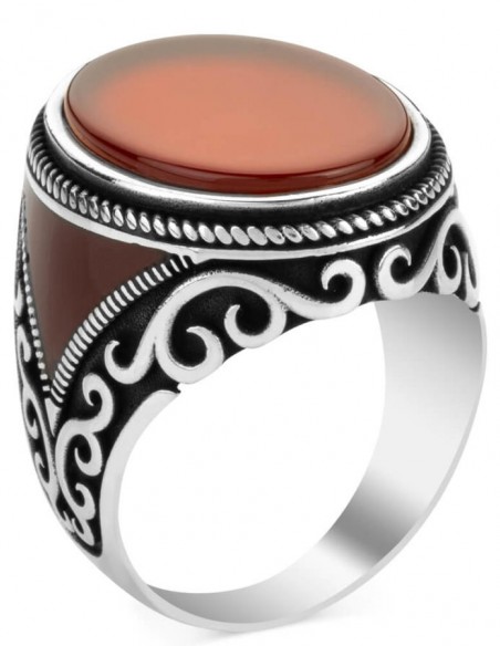 Oval Model Bordo Akik Taşlı Erkek Yüzük