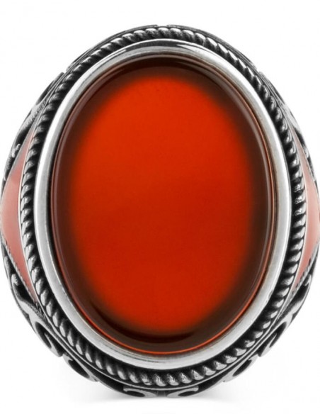 Oval Model Bordo Akik Taşlı Erkek Yüzük