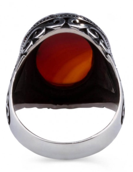 Oval Model Bordo Akik Taşlı Erkek Yüzük