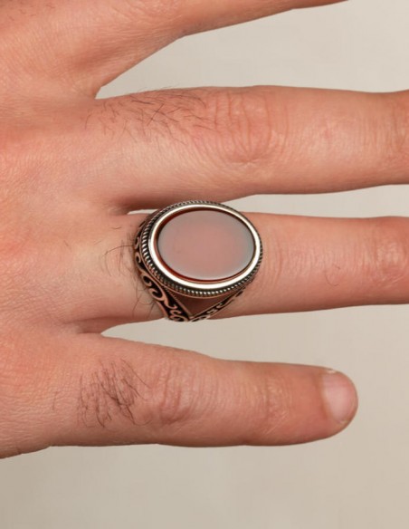 Oval Model Bordo Akik Taşlı Erkek Yüzük