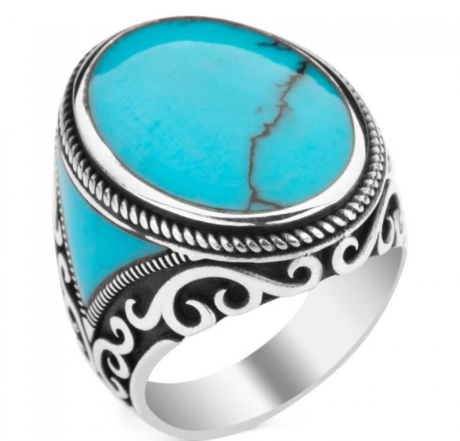 Oval Model Turkuaz Firuze Taşlı Erkek Yüzük
