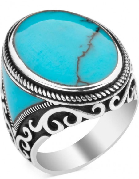 Oval Model Turkuaz Firuze Taşlı Erkek Yüzük