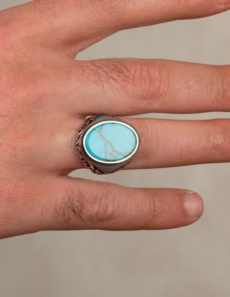 Oval Model Turkuaz Firuze Taşlı Erkek Yüzük