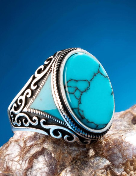 Oval Model Turkuaz Firuze Taşlı Erkek Yüzük