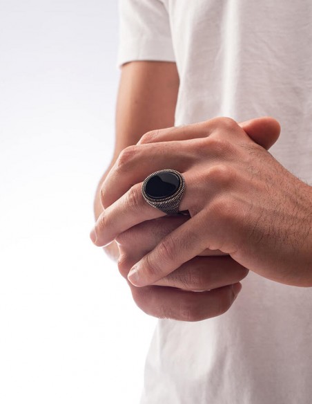 Oval Siyah Oniks Taş Gümüş Erkek Yüzük