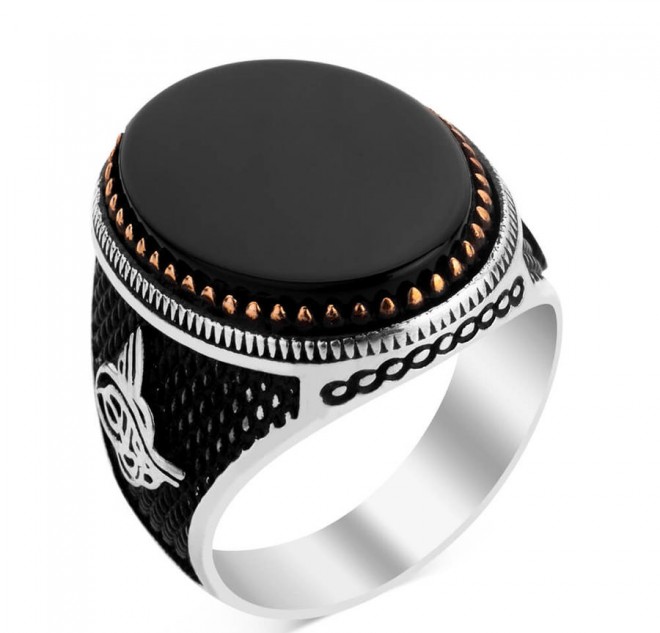 Oval Siyah Oniks Taş Tuğralı Gümüş Erkek Yüzük