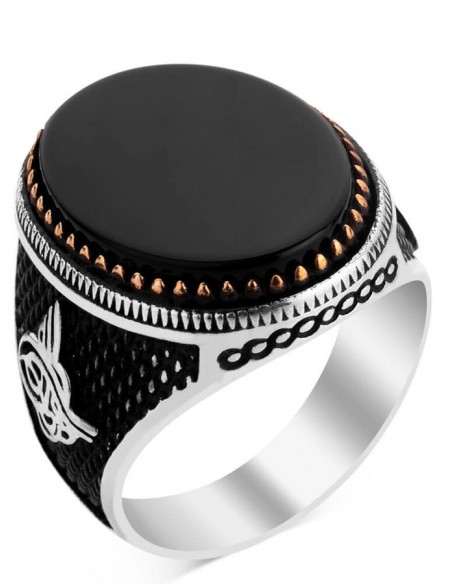 Oval Siyah Oniks Taş Tuğralı Gümüş Erkek Yüzük