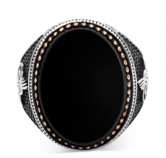 Oval Siyah Oniks Taş Tuğralı Gümüş Erkek Yüzük 2