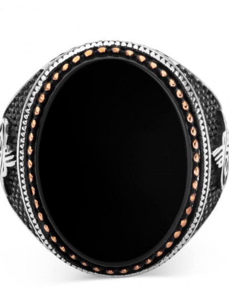 Oval Siyah Oniks Taş Tuğralı Gümüş Erkek Yüzük