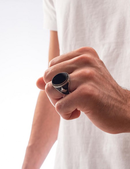 Oval Siyah Oniks Taş Tuğralı Gümüş Erkek Yüzük