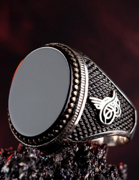 Oval Siyah Oniks Taş Tuğralı Gümüş Erkek Yüzük
