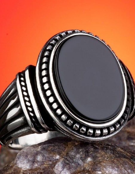 Oval Siyah Oniks Taşlı 925 Ayar Gümüş Yüzük