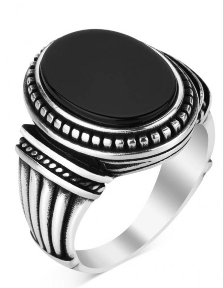 Oval Siyah Oniks Taşlı 925 Ayar Gümüş Yüzük