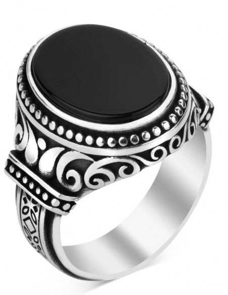 Oval Siyah Oniks Taşlı İşlemeli 925 Ayar Gümüş Yüzük