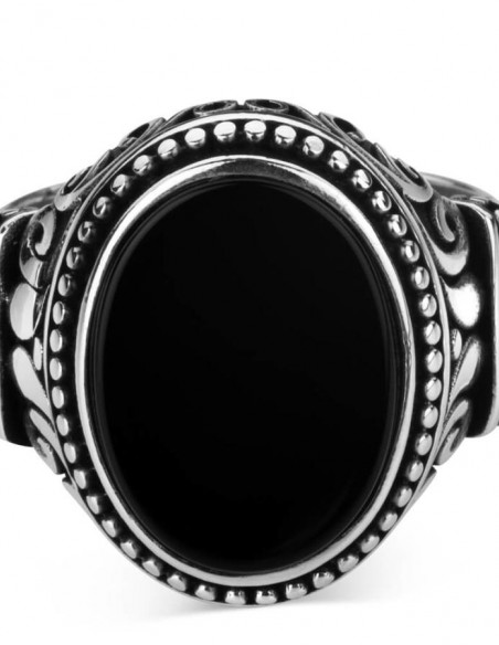 Oval Siyah Oniks Taşlı İşlemeli 925 Ayar Gümüş Yüzük