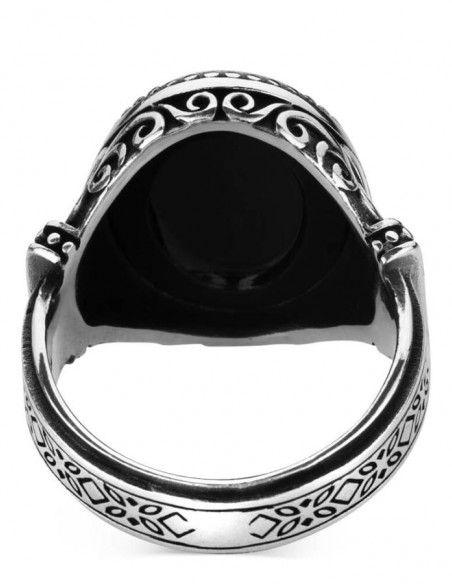 Oval Siyah Oniks Taşlı İşlemeli 925 Ayar Gümüş Yüzük