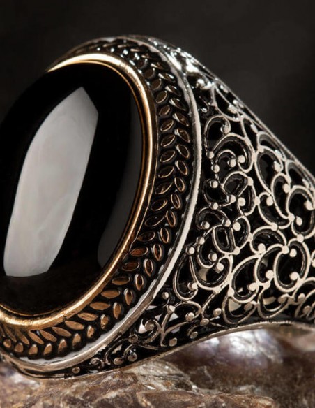Oval Siyah Oniks Taşlı Simetrik Desen Gümüş Erkek Yüzük