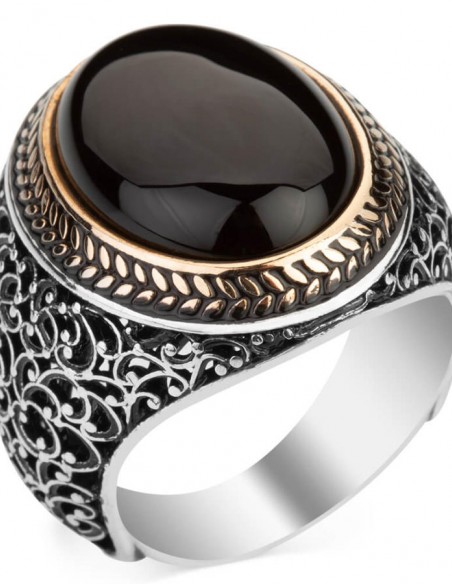 Oval Siyah Oniks Taşlı Simetrik Desen Gümüş Erkek Yüzük