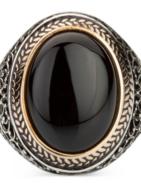 Oval Siyah Oniks Taşlı Simetrik Desen Gümüş Erkek Yüzük