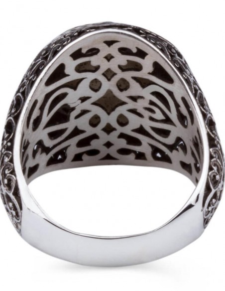 Oval Siyah Oniks Taşlı Simetrik Desen Gümüş Erkek Yüzük