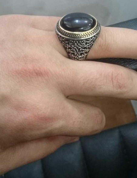 Oval Siyah Oniks Taşlı Simetrik Desen Gümüş Erkek Yüzük