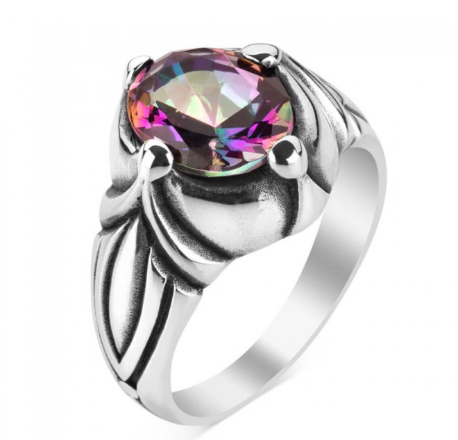 Renk Değiştiren Mistik Topaz Taşlı Gümüş Erkek Yüzük