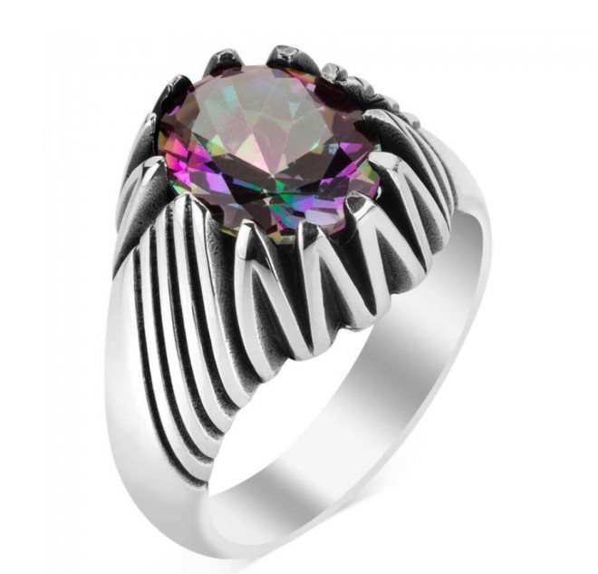 Renk Değiştiren Mistik Topaz Taşlı Motifli Gümüş Erkek Yüzük