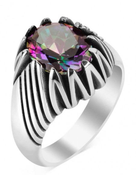 Renk Değiştiren Mistik Topaz Taşlı Motifli Gümüş Erkek Yüzük