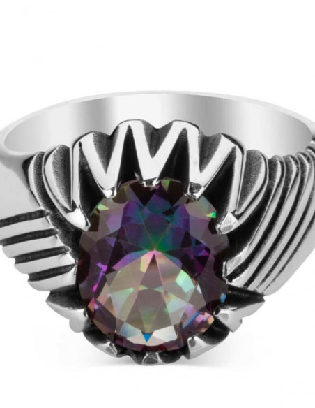 Renk Değiştiren Mistik Topaz Taşlı Motifli Gümüş Erkek Yüzük