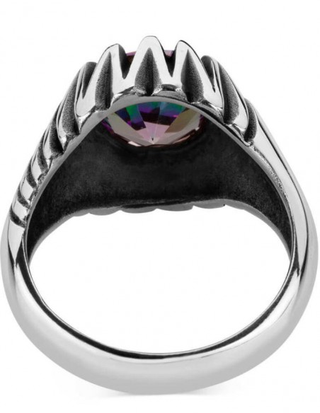 Renk Değiştiren Mistik Topaz Taşlı Motifli Gümüş Erkek Yüzük