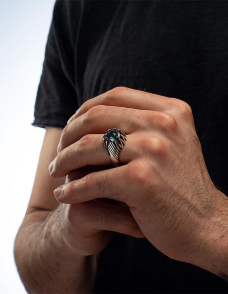 Renk Değiştiren Mistik Topaz Taşlı Motifli Gümüş Erkek Yüzük