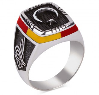 Sarı-Kırmızı İşlemeli Ay Yıldızlı Gümüş Erkek Yüzük