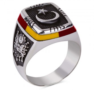 Sarı-Kırmızı İşlemeli Ay Yıldızlı Gümüş Erkek Yüzük 2