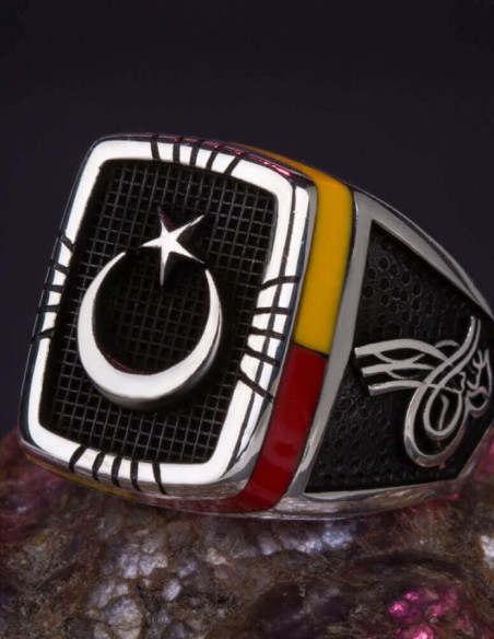 Sarı-Kırmızı İşlemeli Ay Yıldızlı Gümüş Erkek Yüzük