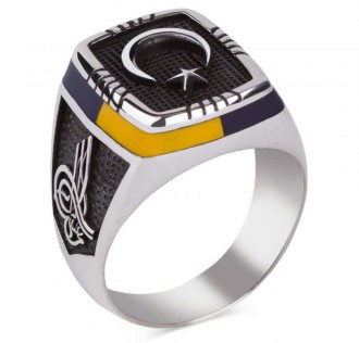 Sarı-Lacivert İşlemeli Ay Yıldızlı Gümüş Erkek Yüzük