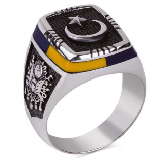 Sarı-Lacivert İşlemeli Ay Yıldızlı Gümüş Erkek Yüzük 2