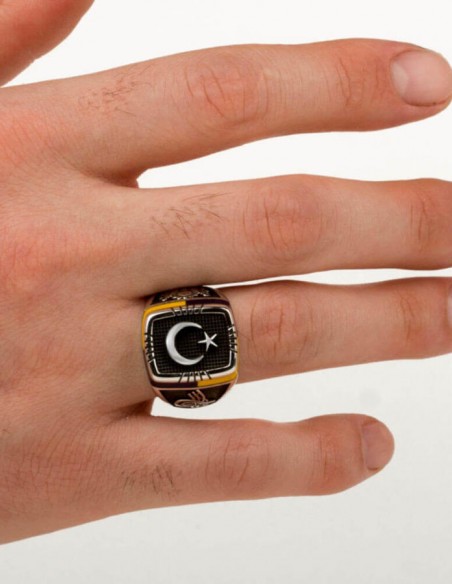 Sarı-Lacivert İşlemeli Ay Yıldızlı Gümüş Erkek Yüzük