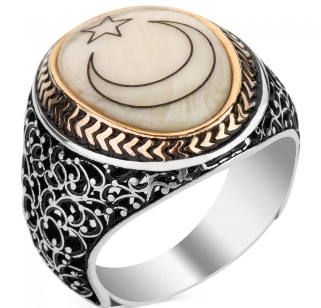 Sedef Üzerine Ay-Yıldızlı 925 Ayar Gümüş Yüzük