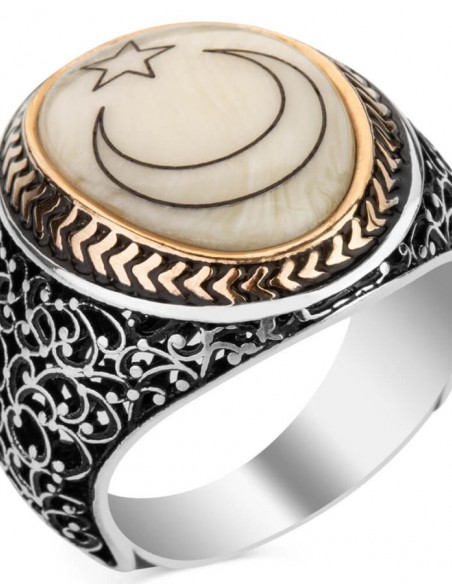 Sedef Üzerine Ay-Yıldızlı 925 Ayar Gümüş Yüzük