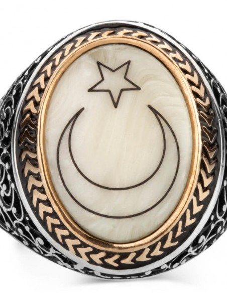 Sedef Üzerine Ay-Yıldızlı 925 Ayar Gümüş Yüzük