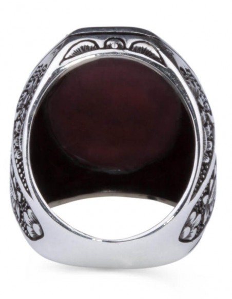 Simetrik Desen İşlemeli Büyük Kahverengi Akik Taşlı Gümüş Yüzük