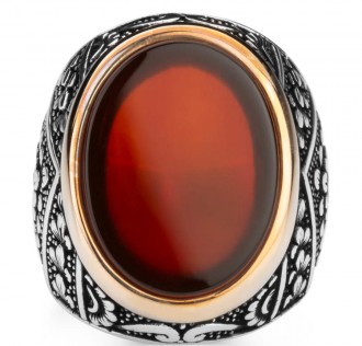 Simetrik Desenli Bordo Akik Taşlı Gümüş Erkek Yüzük 2