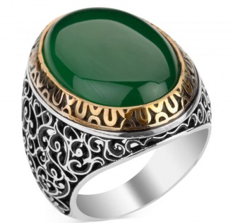 Simetrik Desenli Büyük Yeşil Akik Taşlı Gümüş Erkek Yüzük