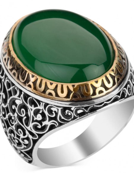 Simetrik Desenli Büyük Yeşil Akik Taşlı Gümüş Erkek Yüzük