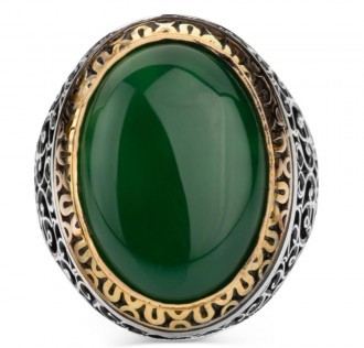 Simetrik Desenli Büyük Yeşil Akik Taşlı Gümüş Erkek Yüzük 2