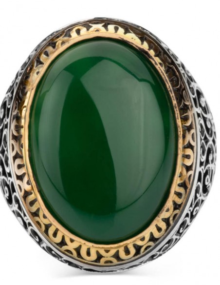 Simetrik Desenli Büyük Yeşil Akik Taşlı Gümüş Erkek Yüzük