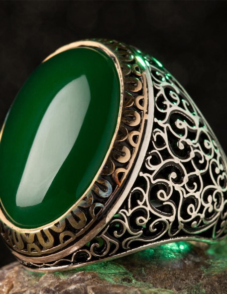 Simetrik Desenli Büyük Yeşil Akik Taşlı Gümüş Erkek Yüzük