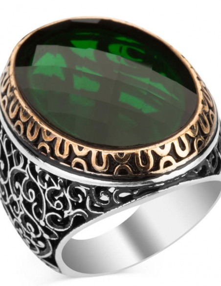 Simetrik Desenli Büyük Yeşil Zirkon Taşlı Gümüş Erkek Yüzük